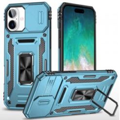 For iPhone 16 Plus 6.7 inch Utter Tough Metal Ring Movable Camera Window Hybrid Case Cover - Light B