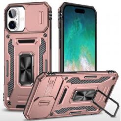 For iPhone 16 Plus 6.7 inch Utter Tough Metal Ring Movable Camera Window Hybrid Case Cover - Rose Go