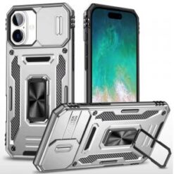 For iPhone 16 Plus 6.7 inch Utter Tough Metal Ring Movable Camera Window Hybrid Case Cover - Silver