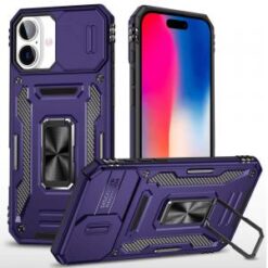 iPhone 16 6.1 inch Utter Tough Metal Ring Movable Camera Window Hybrid Case Cover - Red