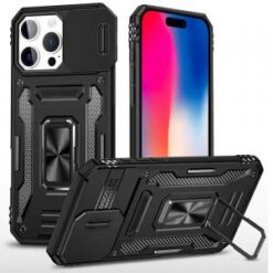 iPhone 16 Pro 6.3 inch Utter Tough Metal Ring Movable Camera Window Hybrid Case Cover - Black