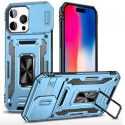 iPhone 16 Pro 6.3 inch Utter Tough Metal Ring Movable Camera Window Hybrid Case Cover - Light Bl