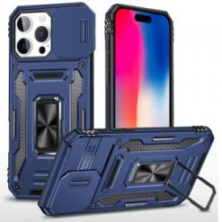 iPhone 16 Pro 6.3 inch Utter Tough Metal Ring Movable Camera Window Hybrid Case Cover - Navy blu