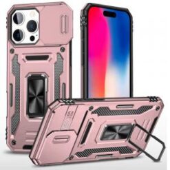 iPhone 16 Pro 6.3 inch Utter Tough Metal Ring Movable Camera Window Hybrid Case Cover - Rose Gol