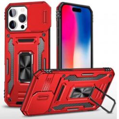 iPhone 16 Pro 6.3 inch Utter Tough Metal Ring Movable Camera Window Hybrid Case Cover - Red