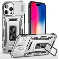 iPhone 16 Pro 6.3 inch Utter Tough Metal Ring Movable Camera Window Hybrid Case Cover - Silver