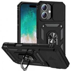 For iPhone 16 Plus 6.7 inch Well Protective Magentic Ring Stand Camera Protective Cover Case - Black