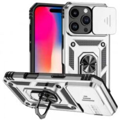 iPhone 16 Pro 6.3 inch Well Protective Magentic Ring Stand Camera Protective Cover Case - Silver