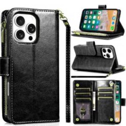 iPhone 16 Pro Max 6.9 inch Luxury Wallet Card ID Zipper Money Holder Case Cover - Black