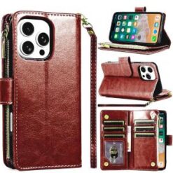 iPhone 16 Pro Max 6.9 inch Luxury Wallet Card ID Zipper Money Holder Case Cover - Brown