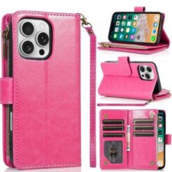 iPhone 16 Pro Max 6.9 inch Luxury Wallet Card ID Zipper Money Holder Case Cover - Hot Pink
