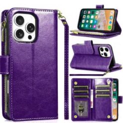 iPhone 16 Pro Max 6.9 inch Luxury Wallet Card ID Zipper Money Holder Case Cover - Dark Purple