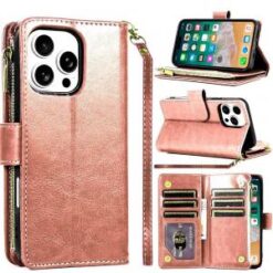 iPhone 16 Pro Max 6.9 inch Luxury Wallet Card ID Zipper Money Holder Case Cover - Rose Gold