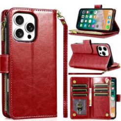 iPhone 16 Pro Max 6.9 inch Luxury Wallet Card ID Zipper Money Holder Case Cover - Red