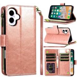 For iPhone 16 Plus 6.7 inch Luxury Wallet Card ID Zipper Money Holder Case Cover - Rose Gold