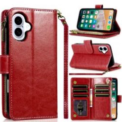 For iPhone 16 Plus 6.7 inch Luxury Wallet Card ID Zipper Money Holder Case Cover - Red