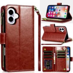 iPhone 16 6.1 inch Luxury Wallet Card ID Zipper Money Holder Case Cover - Dark Purple