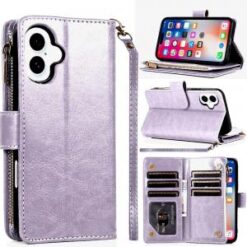 iPhone 16 6.1 inch Luxury Wallet Card ID Zipper Money Holder Case Cover - Red