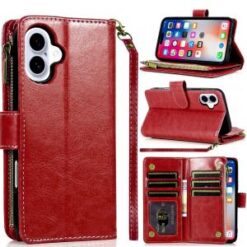 iPhone 16 6.1 inch Luxury Wallet Card ID Zipper Money Holder Case Cover - Hot Pink