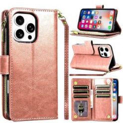 iPhone 16 Pro 6.3 inch Luxury Wallet Card ID Zipper Money Holder Case Cover - Rose Gold