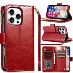 iPhone 16 Pro 6.3 inch Luxury Wallet Card ID Zipper Money Holder Case Cover - Red