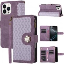 iPhone 16 Pro 6.3 inch Jewel Wallet Design with Stitched PU Leather ID Card Money Holder Zipper