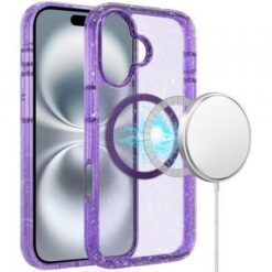 For iPhone 16 Plus 6.7 inch Glitter Case with Magnetic Circle - Purple Glitter