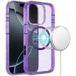 iPhone 16 Pro 6.3 inch Glitter Case with Magnetic Circle - Purple Glitter