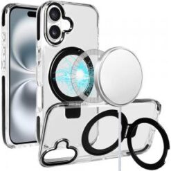 For iPhone 16 Plus 6.7 inch Magnetic Tough Trasparent Hybrid with Stand - Black
