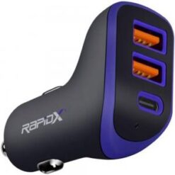 RapidX X3PD 3 USB Port 35W Compact Car Charger Including a Fast 18W USB C PD for Fast Charging - BLU