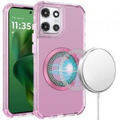 For Motorola Moto G Power 5G 2025 Magnetic Ring Circle Bling Chrome 3in1 Hybrid Case - Pink