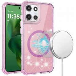 For Motorola Moto G Power 5G 2025 Magnetic Ring Glitter 3in1 Hybrid Case Cover - Pink