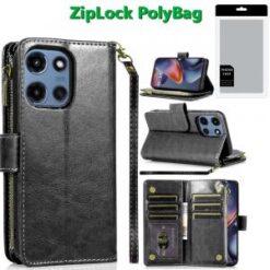 [PolyBag] For Motorola Moto G 5G 2025 Luxury Wallet Card ID Zipper Money Holder Case Cover - Black