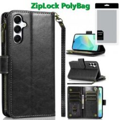 [PolyBag] For Samsung A16 5G Luxury Wallet Card ID Zipper Money Holder Case Cover - Black