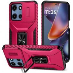 For Motorola Moto G 5G 2025 Complete Magnetic Metal Ring Stand Camera Protection Hybrid - Hot Pink