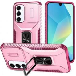 For Samsung A16 5G Complete Magnetic Metal Ring Stand Camera Protection Hybrid - Pink+Burgundy
