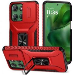 For Motorola Moto G Power 5G 2025 Complete Magnetic Metal Ring Stand Camera Protection Hybrid - Red