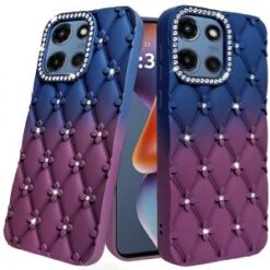 For Motorola Moto G 5G 2025 Floral Joy Glitter Shimmer Leather Feel Thick TPU Case - Dark Blue/Burgu