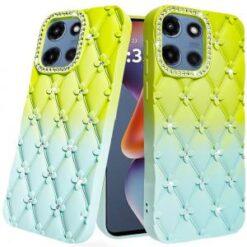 For Motorola Moto G 5G 2025 Floral Joy Glitter Shimmer Leather Feel Thick TPU Case - Light Green/Tea