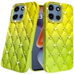For Motorola Moto G 5G 2025 Floral Joy Glitter Shimmer Leather Feel Thick TPU Case - Yellow/Green