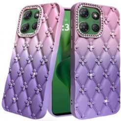 For Motorola Moto G Power 5G 2025 Floral Joy Glitter Shimmer Leather Feel Thick TPU Case - Light Pin