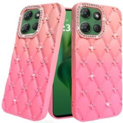 For Motorola Moto G Power 5G 2025 Floral Joy Glitter Shimmer Leather Feel Thick TPU Case - Orange/Pi