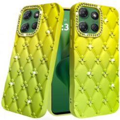 For Motorola Moto G Power 5G 2025 Floral Joy Glitter Shimmer Leather Feel Thick TPU Case - Yellow/Gr