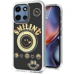 For Motorola Moto G 5G 2025 Smiling Glitter Ornament Bling With Ring Stand Hybrid Case Cover - Black