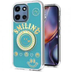 For Motorola Moto G 5G 2025 Smiling Glitter Ornament Bling With Ring Stand Hybrid Case Cover - Blue