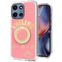 For Motorola Moto G 5G 2025 Smiling Glitter Ornament Bling With Ring Stand Hybrid Case Cover - Pink
