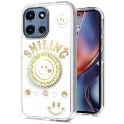 For Motorola Moto G 5G 2025 Smiling Glitter Ornament Bling With Ring Stand Hybrid Case Cover - White