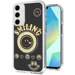 For Samsung A16 5G Smiling Glitter Ornament Bling With Ring Stand Hybrid Case Cover - Black