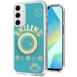 For Samsung A16 5G Smiling Glitter Ornament Bling With Ring Stand Hybrid Case Cover - Blue