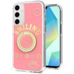 For Samsung A16 5G Smiling Glitter Ornament Bling With Ring Stand Hybrid Case Cover - Pink